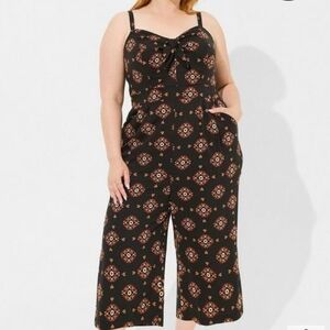 Torrid Tie Front Culotte Jumpsuit Batik Suns Deep Black 00 BNWT